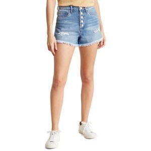 BLANKNYC Barrow Vintage High Rise Distressed Button Fly Fray Hem Denim Shorts